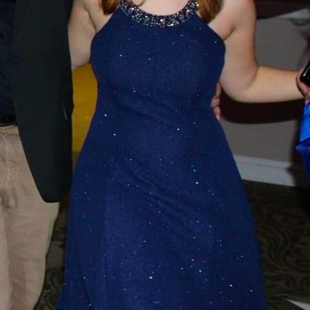 Betsy&Adam Sparkle Beaded Blue Halter Dress